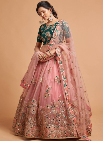 Real Mirror With Embroidered Work Soft Net Peach Lehenga Choli